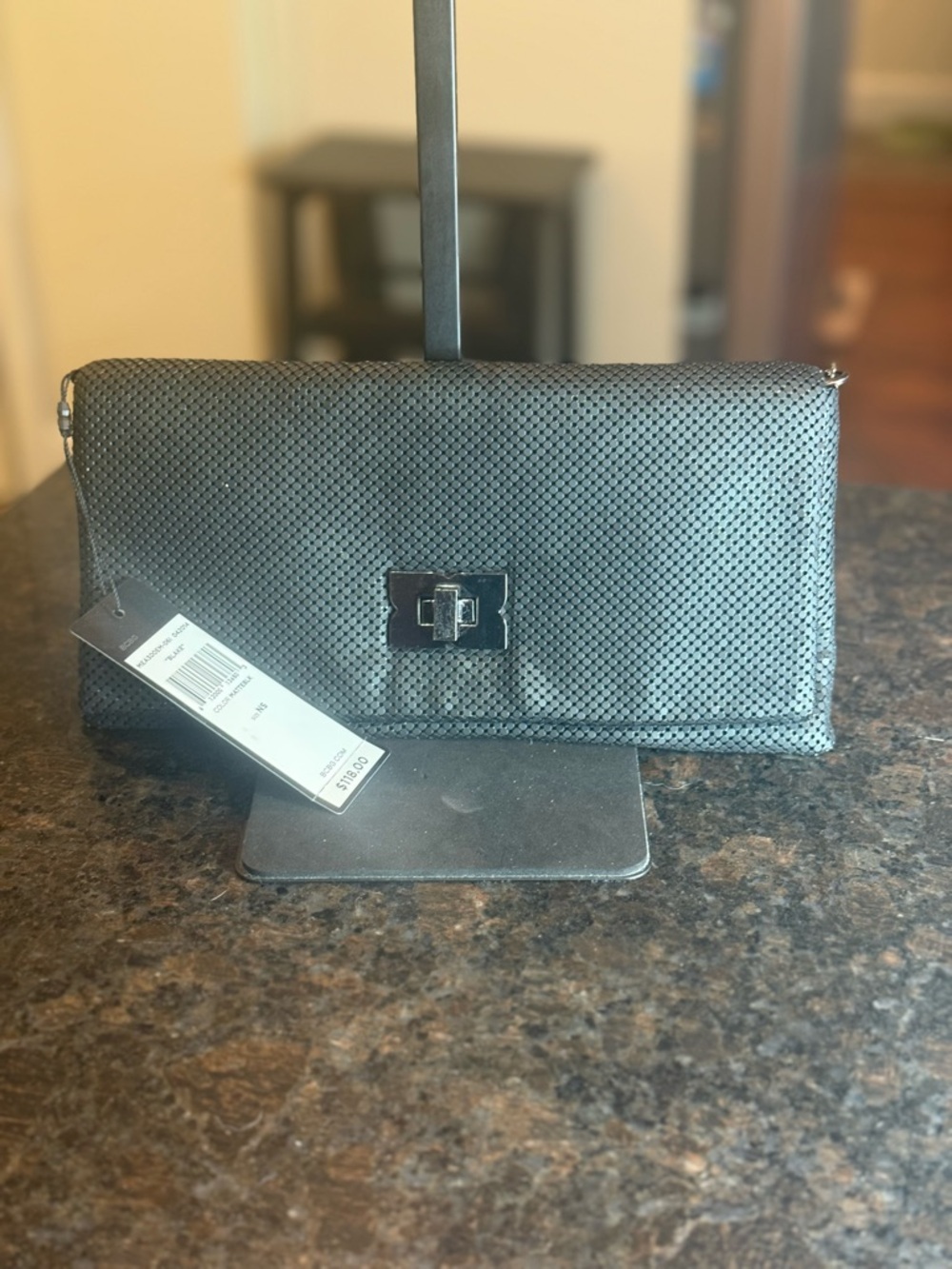 BCBGMaxAzria Metal Black Textured Evening Crossbidy with Silver Turn-Lock